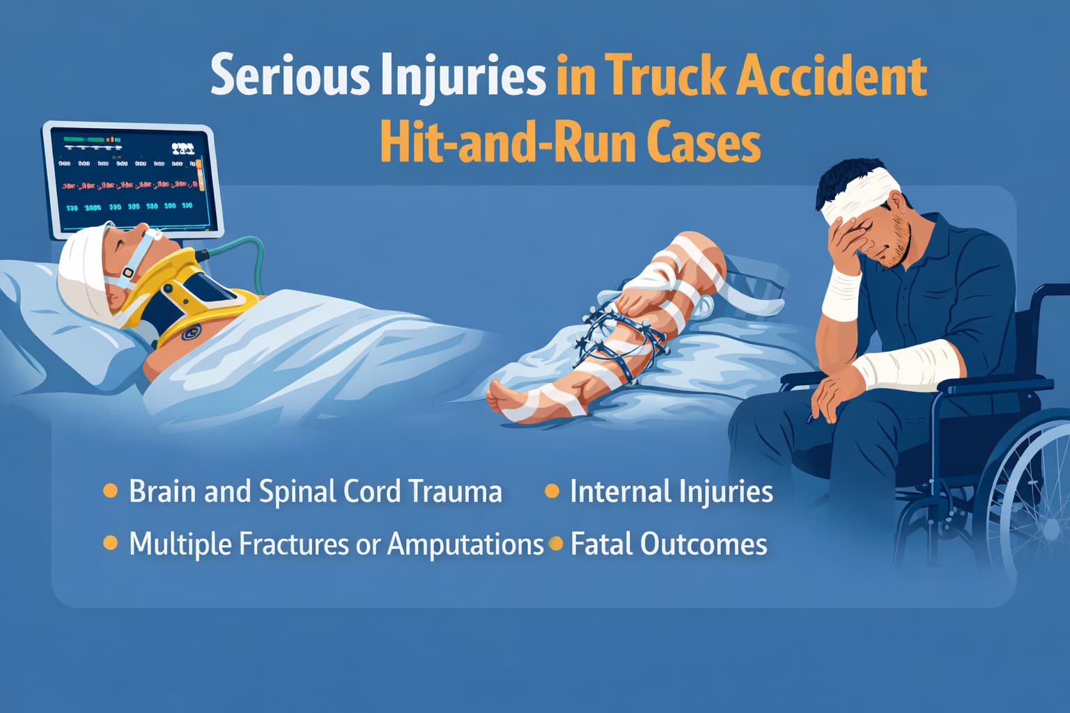 Flat infographic showing serious injuries in truck accident hit-and-run cases, including brain trauma, fractures, internal injuries, and fatalities