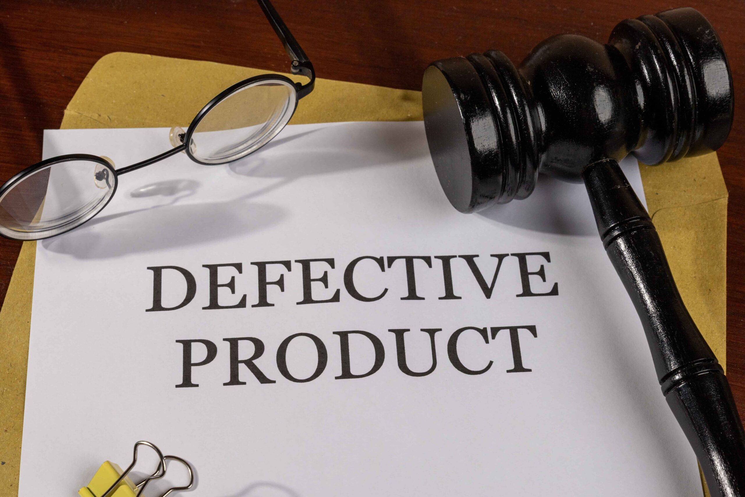 Legal document labeled ‘Defective Product’ with a judge’s gavel and eyeglasses on a desk.