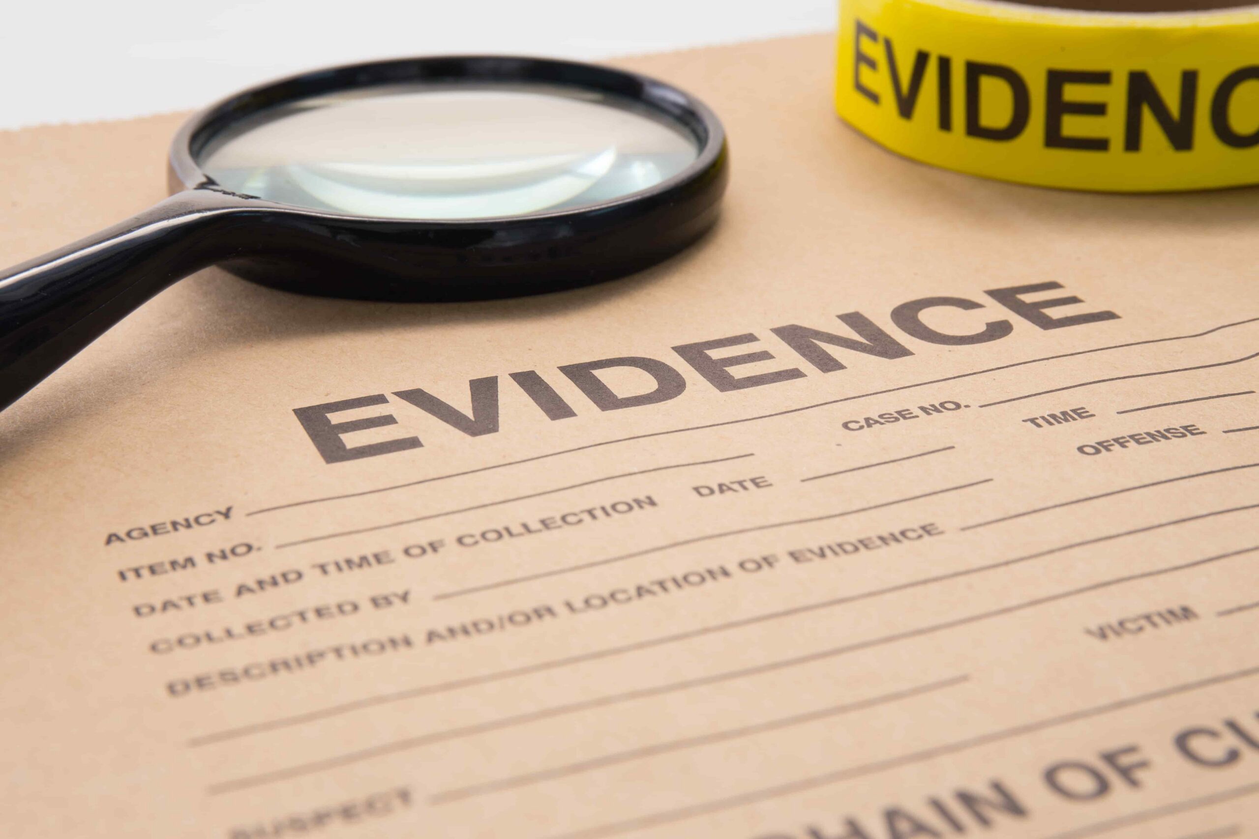Evidence collection form with magnifying glass and evidence tape, representing criminal investigation and forensic documentation.