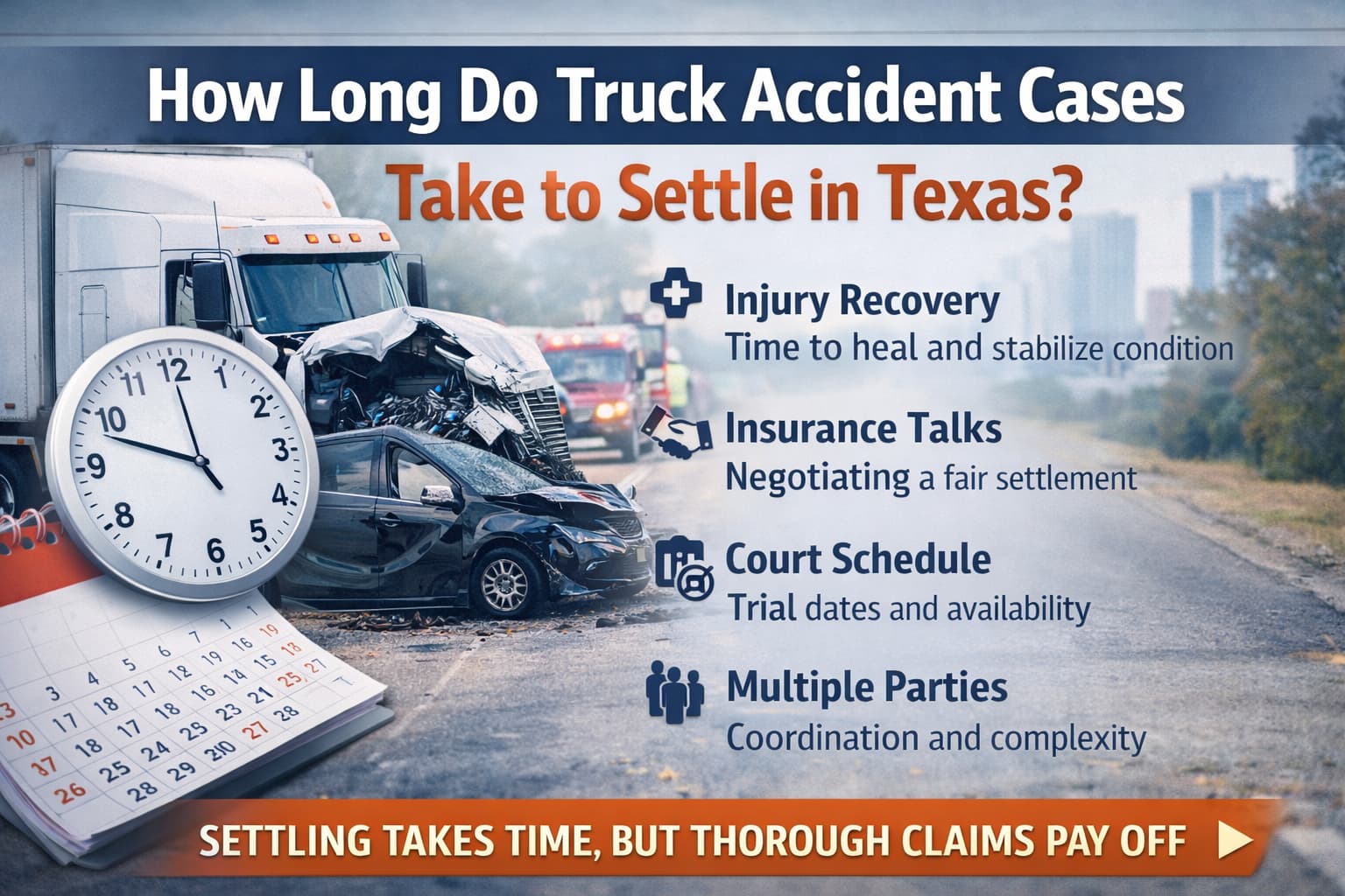 Timeline graphic showing how long truck accident cases take to settle in Texas based on injury recovery, insurance talks, and court schedules.