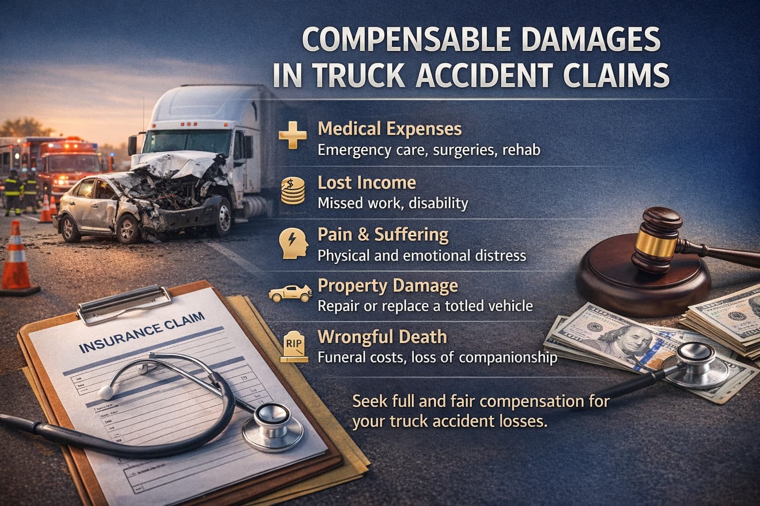 Infographic showing compensable damages in a truck accident claim, including medical expenses, lost income, pain and suffering, property damage, and wrongful death.